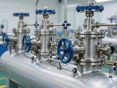 Close-up of industrial pressure vessels and membrane housings within a large-scale RO system, sharp detail, bright studio light, high detail, 35mm.