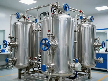 Wide shot of a polished stainless steel industrial RO plant with multi-port control valves, clean factory lighting, blue and white accents, high detail, 35mm.
