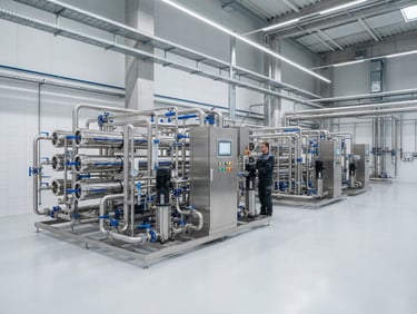 Wide shot of a polished stainless steel industrial RO plant, clean factory floor, bright studio lighting, blue and white accents, high detail, 35mm.