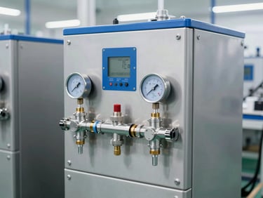 Medium shot of a compact commercial RO system with digital flow meters, clean bright factory lighting, polished stainless steel, high detail, 35mm.