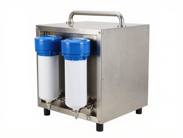 Medium shot of a compact commercial RO system, blue and white accents, clean environment, bright studio lighting.