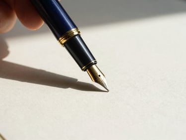 Macro shot of a fountain pen signing a contract on heavy cream paper, crisp daylight, sharp shadow of the pen, gold accents.
