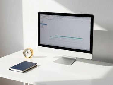 Minimalist desk setup with a monitor displaying a complex but clean chart, a small gold-accented clock, and a single deep navy notebook, sharp daylight.