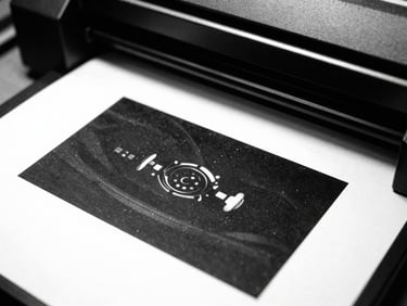 High-contrast monochrome scan of a printed design layout on a flatbed scanner, visible dust, film grain, stark black and white.