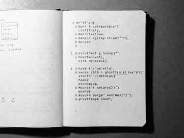 Top-down flat lay of a physical notebook with handwritten monospace code and sketches under harsh direct desk-lamp light, stark monochrome, 35mm film grain.