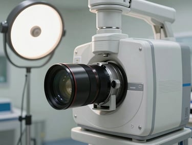 Close-up of a hospital diagnostic station, advanced imaging equipment in an operational room, clean studio strobe lighting, stainless steel and white surfaces, precise framing
