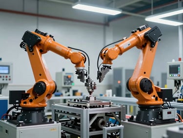 Manufacturing floor with industrial robotic arms in mid-operation, precise assembly line under clean studio lighting, metal fixtures and control panels visible, no people, operational readiness