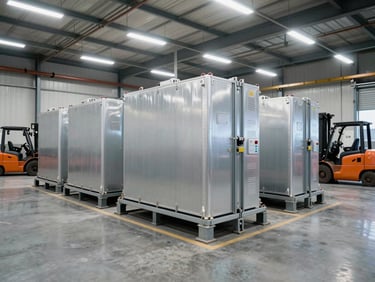 Wide-angle view of an industrial battery storage installation, lithium battery packs mounted in a warehouse facility, clean overhead fluorescent lighting, forklift AGVs visible in background, operational environment