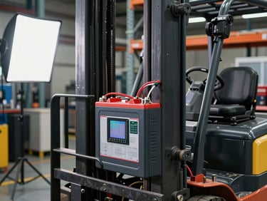 Close-up of a heavy-duty lithium battery pack installed in an electric forklift on an active manufacturing floor, precision cable connections and BMS display visible, clean studio strobe lighting from the left, steel shelving and industrial infrastructure in background