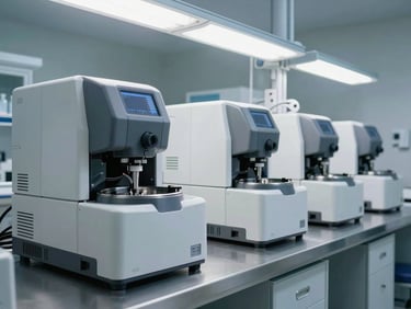 Close environmental shot inside a clinical laboratory, rows of automated analyzers and centrifuges on stainless steel counters, bright studio strobe lighting from overhead, no people, sharp focus on instrument panels and cable management, silver and white surfaces conveying precision