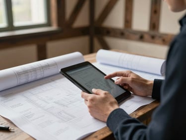 Architectural historian reviewing blueprints and daily build logs on a tablet, with a historic timber frame visible in the background. Natural light, focused on the documents.