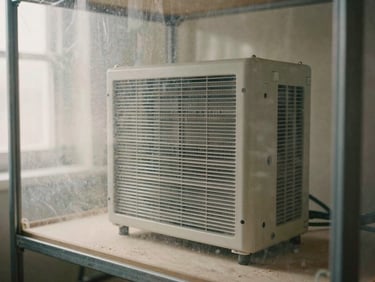 Close-up of a HEPA air scrubber unit operating within a sealed dust-containment zone, showing clear plastic sheeting and a clean workspace. Soft, directional light.