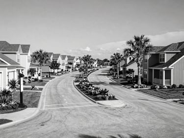 Black and white wide shot of a master-planned community entrance in Carolina Forest, curved roads, landscaped medians, large single-family homes, natural daylight