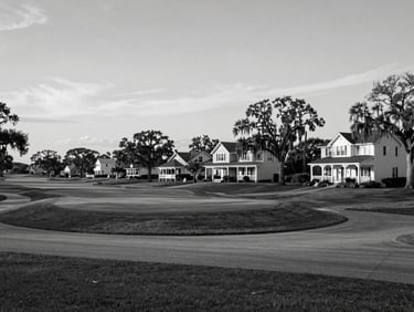 Black and white environmental shot of a golf course community in Pawleys Island area, large homes set among live oaks with Spanish moss, wide road, golden hour natural light