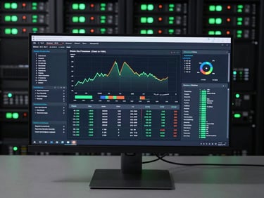 Wide overhead shot of a live analytics dashboard on a large monitor, server rack status indicators glowing green in the background, flat studio tungsten lighting, tight crop on real data visualizations and CPM readout panels