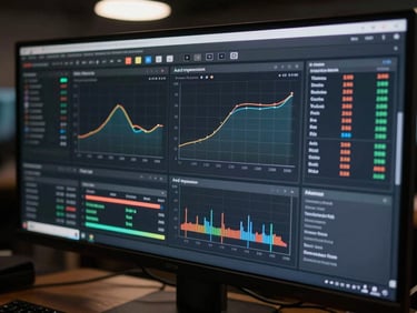 Close-up overhead shot of a live analytics dashboard on a large monitor, displaying real-time ad impression graphs, yield curves, and fill-rate metrics in a dark-themed interface, studio lighting from above, no people visible, sharp screen detail