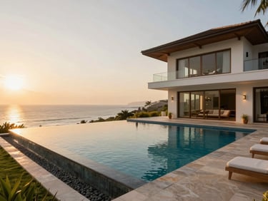 Wide architectural shot of a luxury villa overlooking the Goan coast, warm late-afternoon golden hour light reflecting on a private infinity pool