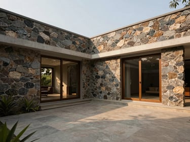 Sun-dappled modern villa courtyard in Siolim, North Goa, showing local laterite stone walls and clean architectural lines, warm afternoon light.