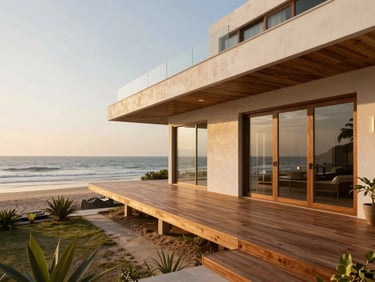 Architect-designed beachfront estate in Alibaug, wide teak verandas facing the Arabian Sea, golden hour lighting, clean minimalist finishes.