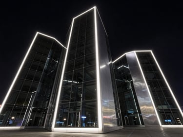 Ultra-wide monumental perspective of abstract architectural monoliths made of dark glass and polished silver, sharp rim lights, deep black background.