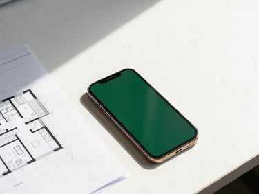 Architectural blueprint on a clean desk next to a modern smartphone, soft shadows, bright natural daylight