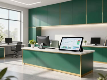 High-end corporate warehouse office, modern tablet showing financial charts, natural morning light, clean green and gold tones