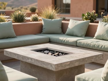 High-end outdoor living space with a modern concrete fire table, soft sage green cushions, and native Utah plantings, captured in warm afternoon sun, editorial crop, 35mm.