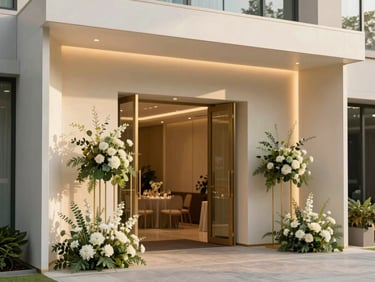 Premium corporate gala entrance, minimalist floral installations in sage green and gold, structured lighting, modern clean architectural lines