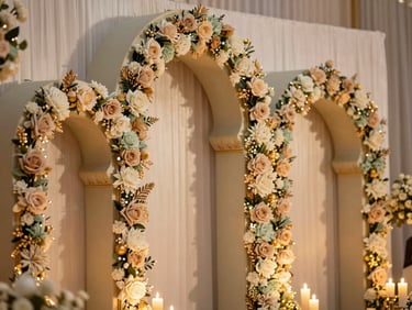 Close-up of a grand Indian wedding reception backdrop, sculptural floral arches in sage and champagne gold, glowing ambient candlelight, shallow depth of field