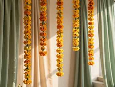 Intimate home Haldi ceremony decor, modern minimal marigold hangings, sage green drapes, warm sunlight filtering through, luxury Indian aesthetic