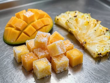 IQF frozen mango cubes and sliced ​​pineapples on a sterile stainless steel surface, frost crystals visible