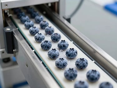 Bright daylight-balanced macro shot of clean stainless steel IQF freezing line, frozen blueberries moving down the conveyor belt with ice crystals visible, highly hygienic agricultural processing environment.