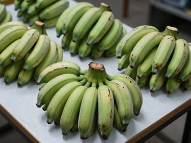 Fresh green and semi-ripe plantains structured neatly on a clean packing table