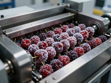 Línea de procesamiento industrial de acero inoxidable, berries congeladas IQF pasando por control de calidad óptico bajo luz brillante de laboratorio