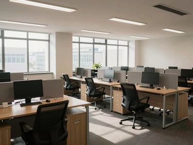 Wide shot of an empty commercial office space just cleaned, rows of desks clear and wiped down, natural light through large windows, no people present — the room reads as ready and professional