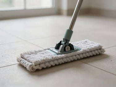 Close-up of a mop head moving across a bare tile floor in a vacant room, soft diffused window light, clean grout lines visible, no furniture in frame — a space being prepared for a new occupant