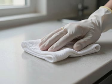Close-up of a gloved hand wiping a kitchen countertop with a clean white cloth, soft diffused daylight from a nearby window, no clutter visible, surface texture clear and precise