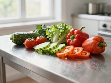 Bright editorial food photography of clean stainless steel kitchen prep table with freshly sliced vibrant vegetables, natural window light, sharp focus, 50mm lens