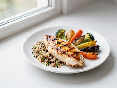 Bright editorial flat-lay of a Mediterranean grilled chicken breast with quinoa salad and roasted vegetables, natural window light, clean white plate