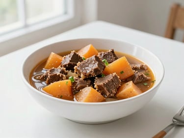 Bright editorial food photography of a slow-cooked beef stew with root vegetables, served in a modern white bowl on a clean desk