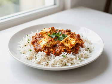 Bright editorial food shot of a classic paneer butter masala with fluffy basmati rice and fresh herbs, clean minimalist plating, natural light