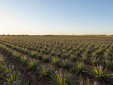 Campo extenso de ajo morado en Las Pedroñeras al atardecer, con la luz dorada incidiendo sobre las plantas, perspectiva amplia y horizonte bajo.