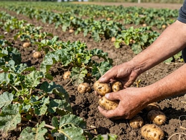 Manos enguantadas recolectando patatas tempranas de la tierra, mostrando la piel fina y el tamaño pequeño, con la tierra fértil y verde follaje de patata en un día soleado.