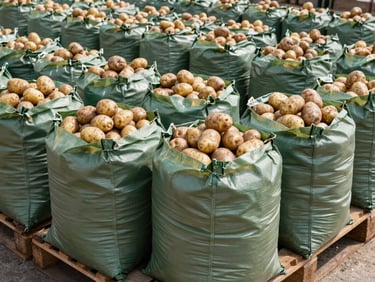 Grandes sacos de patatas recién cosechadas en un almacén, con palets de madera y luz natural.