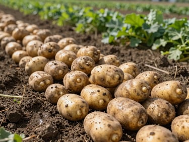Primer plano de patatas Agria recién cosechadas, de piel clara y forma ovalada, sobre tierra oscura y húmeda, con un campo verde de patatas borroso al fondo, luz natural brillante.