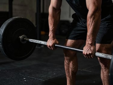 Close-up of a masculine athlete's hands gripping a heavy steel barbell in a dark, gritty NYC gym, dramatic low-key side-lighting, high contrast, 35mm lens.