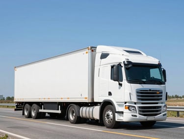 Crisp daylight shot of a clean white semi-truck driving on an open highway, clear blue sky, wide environmental framing, 35mm