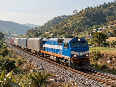 Crisp morning sun illuminating a cargo train moving through a scenic valley, wide environmental shot, 35mm