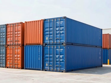 Bright high-key daylight photo of clean shipping containers stacked neatly in a modern logistics hub, 35mm