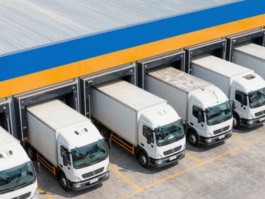 Overhead clean angle of a logistics warehouse loading dock with white delivery trucks parked, bright daylight, 35mm